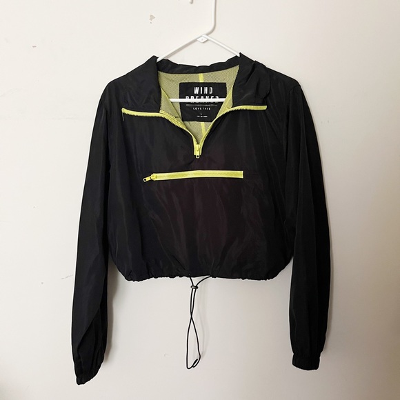 Love Tree Jackets & Blazers - Love Tree Cropped Retro black and neon yellow/green windbreaker